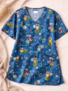 ScrubStar Owl Print Scrub Top Blue Cotton Size Large